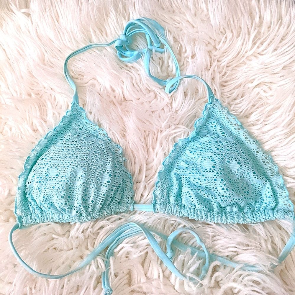 5/$25! H&M Cute Crochet Lace Triangle Bikini Top Mint Green Tie Back Med / C-cup